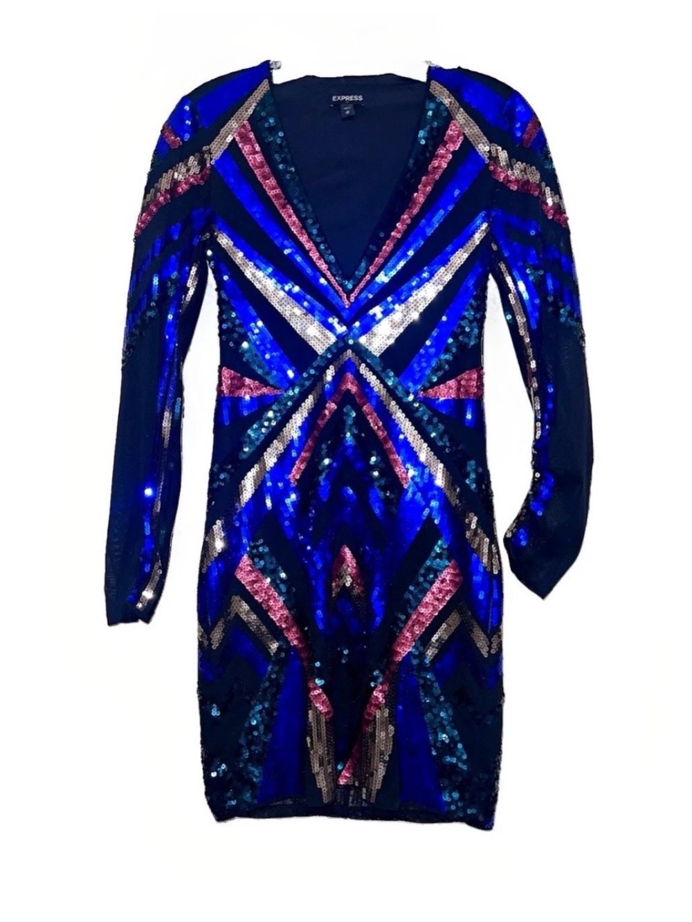 Express Sequin Geometric V-Neck Long Sleeve Bodycon Mini Dress Blue XS